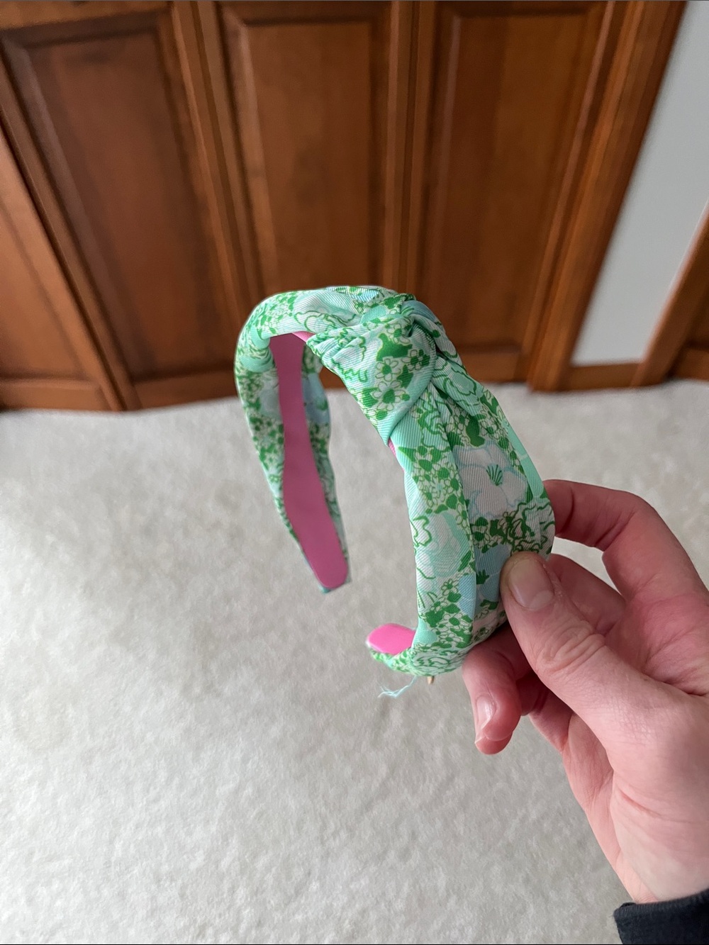 Lilly Pulitzer Silk Green Floral Knotted Headband with Pink Lining